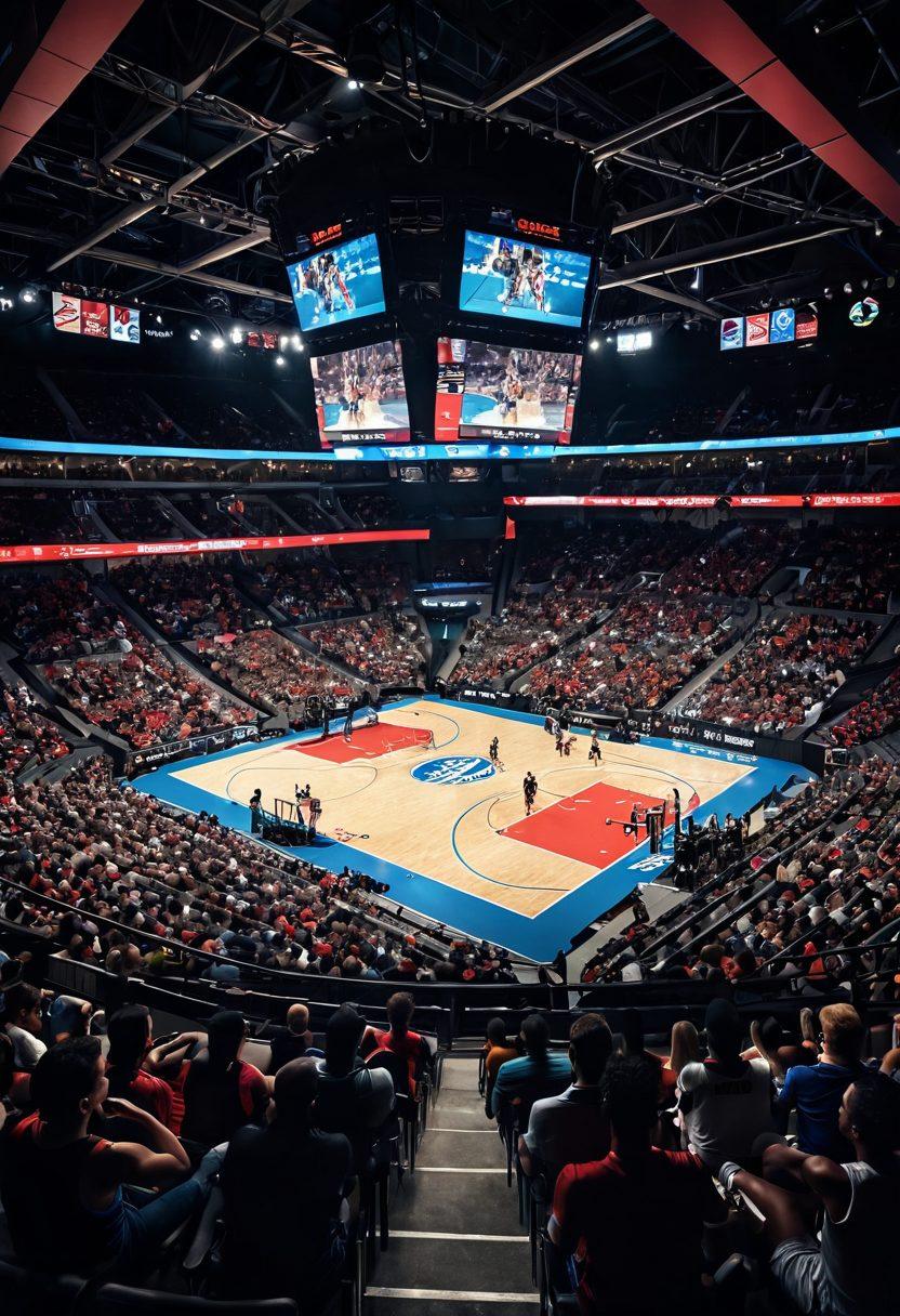 A dynamic sports arena filled with passionate fans, showcasing a diverse group of athletes in action, each representing different sports like basketball, soccer, and athletics. Incorporate elements that highlight expert commentary, such as microphones, notepads, and analytical graphics overlay. The atmosphere should be electric, capturing the excitement of live sports and current trends. super-realistic. vibrant colors. energetic composition.