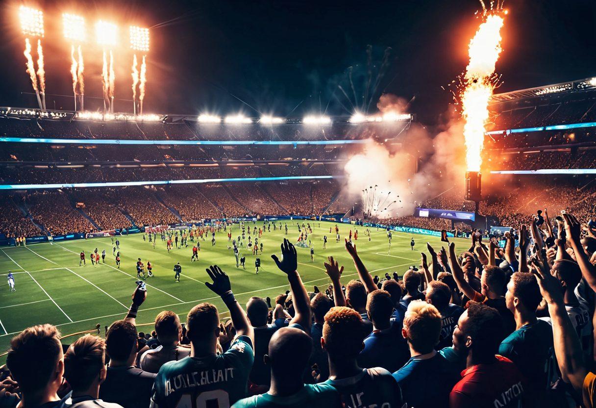 A dynamic sports scene capturing a moment of excitement with players clashing on the field, featuring a vibrant crowd in the background cheering passionately. Incorporate elements like cameras and microphones to symbolize media coverage, with bold text overlay that reads 'Catch Every Moment'. Enhance the mood with dramatic lighting that highlights both the players and the audience. super-realistic. vibrant colors. cinematic.