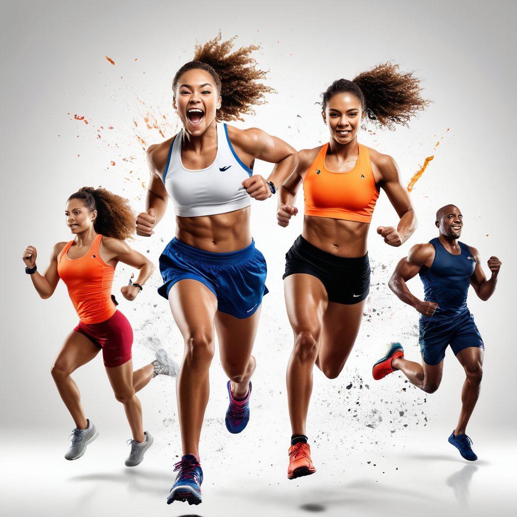 A dynamic scene featuring athletes in action, capturing the energy of live sports, with a diverse group of fans cheering in the background. Include fitness elements like weights and healthy snacks to signify wellness. Overlay text reads 'Unleashing the Power of Live Sports'. Use bright colors and a slightly blurred effect to evoke excitement and motion. super-realistic. vibrant colors. white background.